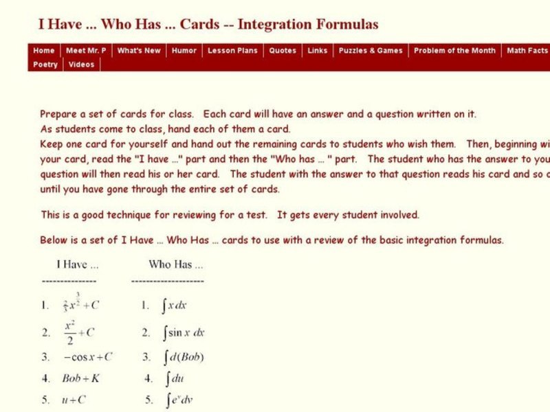 I Have Who Has Cards - Integration Formulas Worksheet