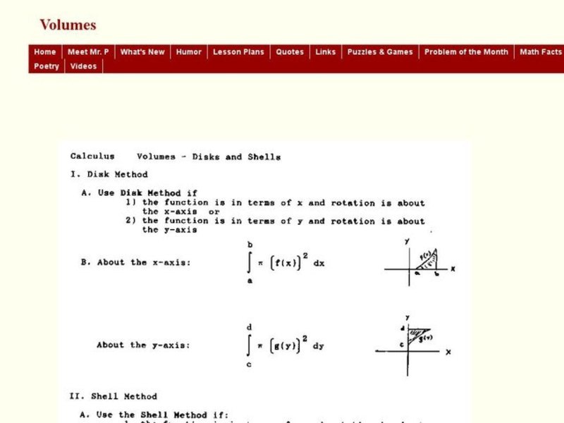 Volumes Disks and Shells Worksheet