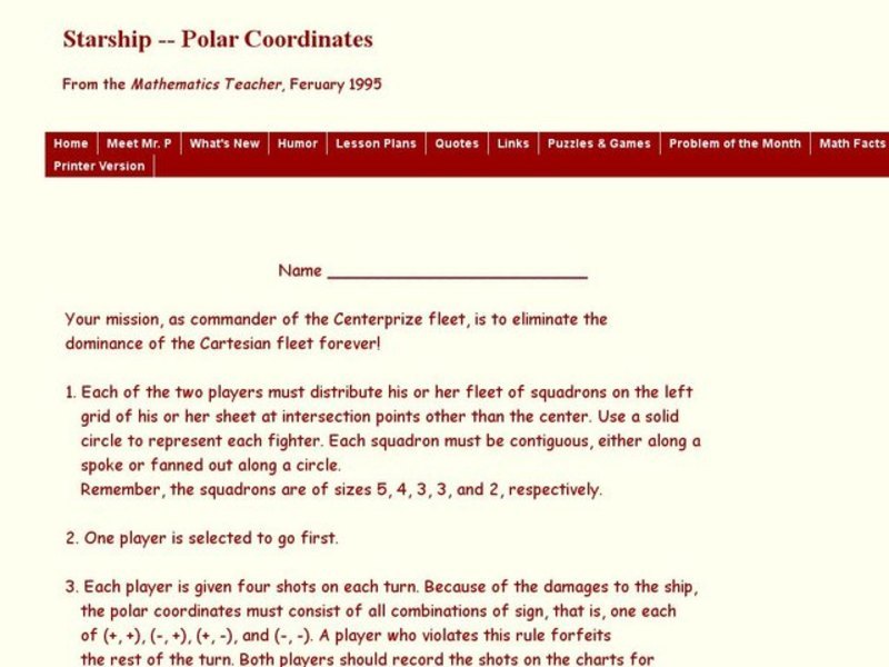 Polar Coordinates Game Worksheet