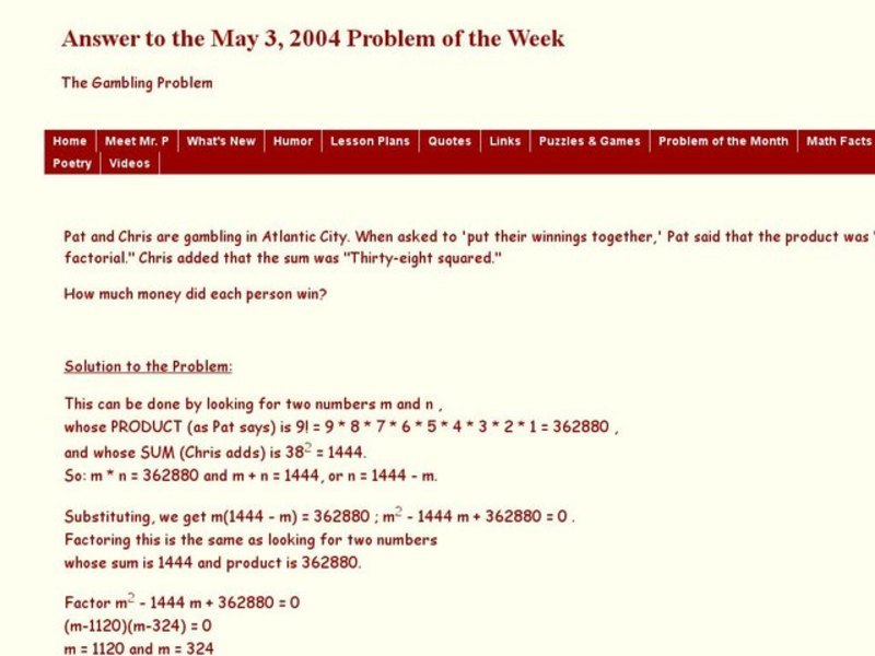 The Gambling Problem Worksheet