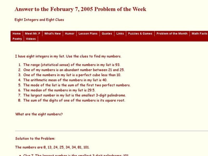Eight Integers and Eight Cubes Worksheet