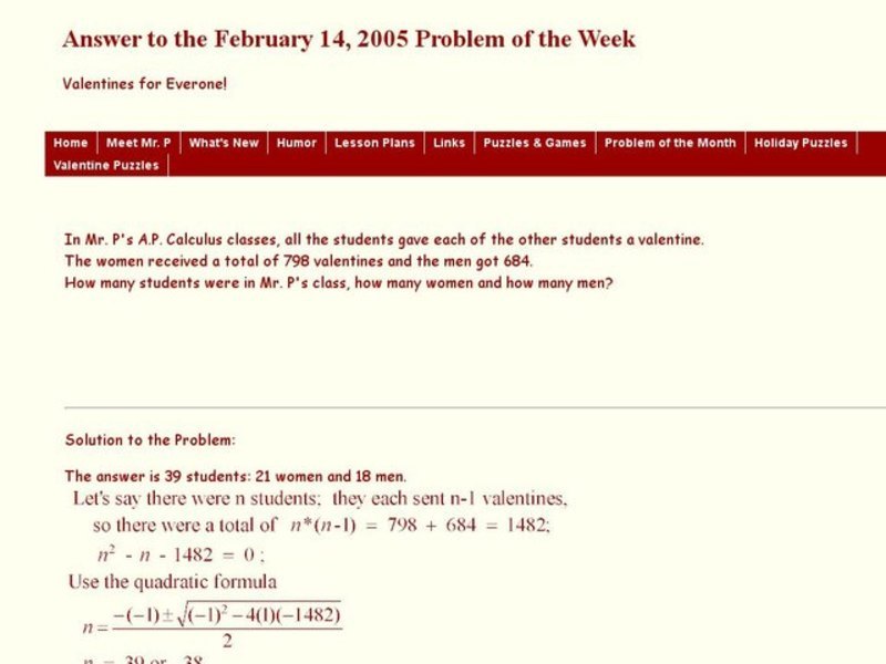 Valentine Application of the Quadratic Formula Worksheet