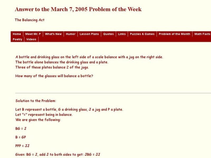 The Balancing Act: Bottles, Plates, Drinking Glasses and Jugs Worksheet