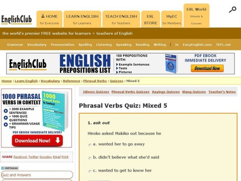 Phrasal Verbs Quiz:  Mixed Interactive