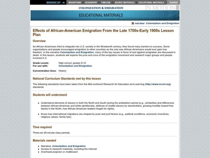 Effects of African-American Emigration From the Late 1700s-Early 1900s Lesson Plan