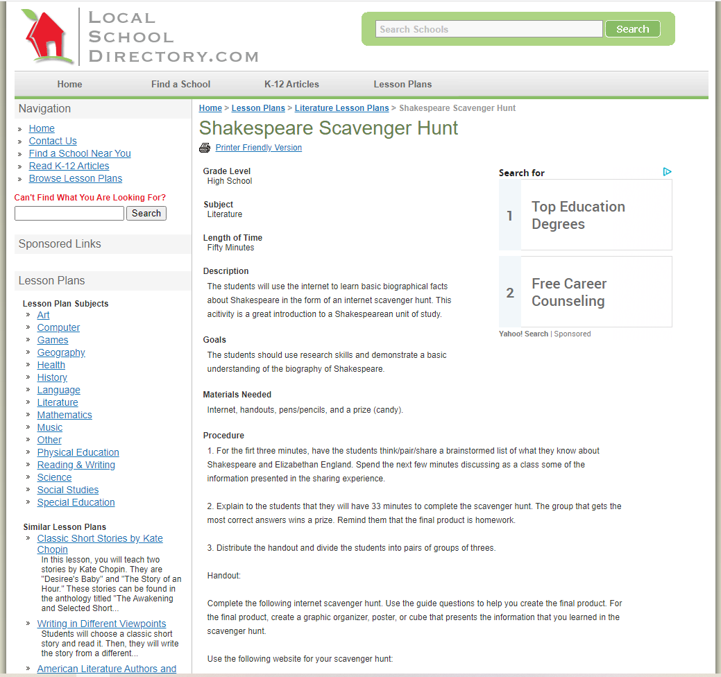 Shakespeare Scavenger Hunt Lesson Plan