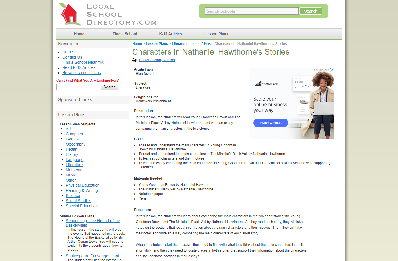Characters in Nathaniel Hawthorne's Stories Lesson Plan