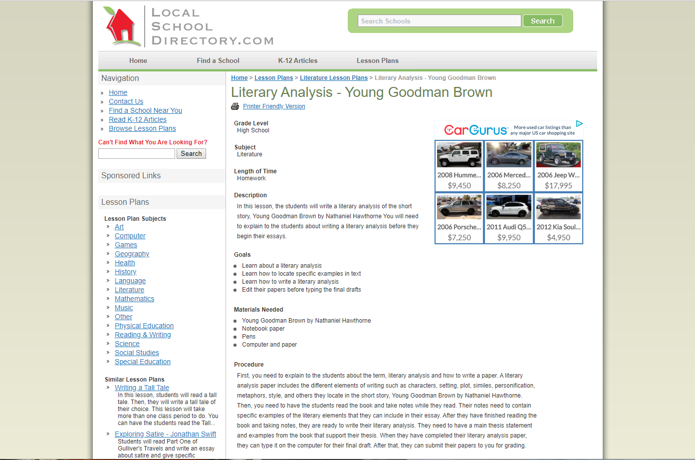 Literary Analysis - Young Goodman Brown Lesson Plan