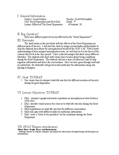 Effects of The Great Depression Lesson Plan