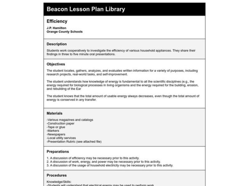 Efficiency Lesson Plan
