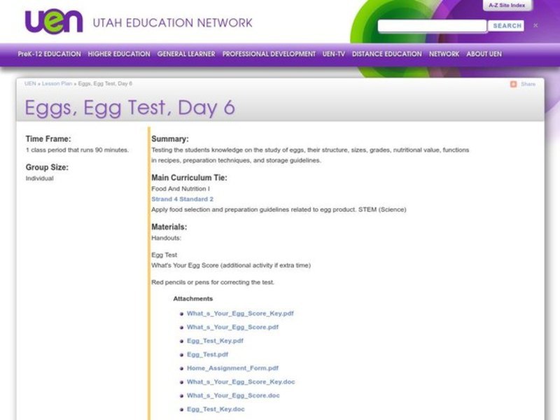 Eggs, Egg Test, Day 6 Lesson Plan