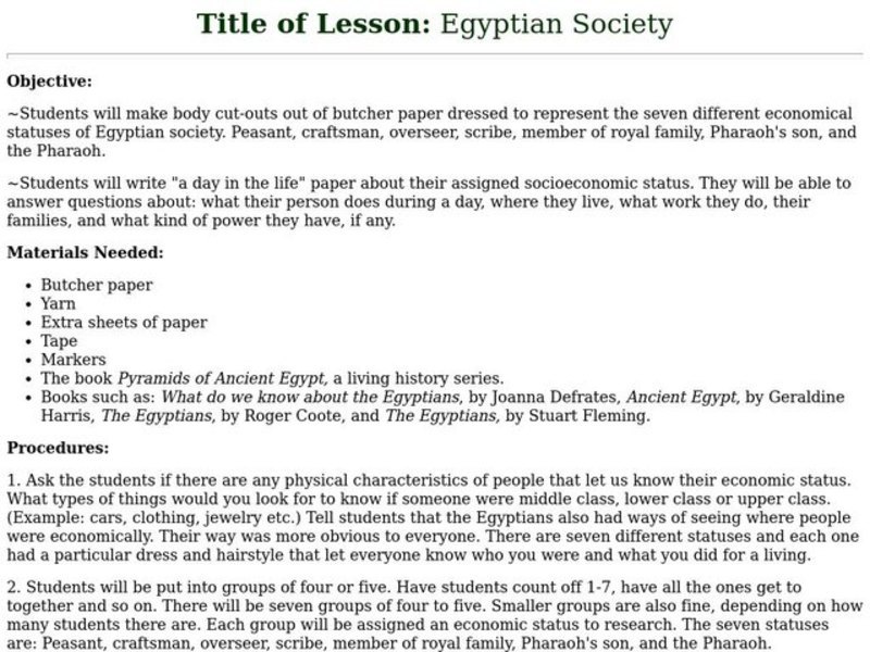 Egyptian Society Lesson Plan