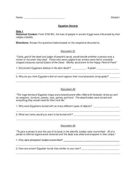 Egyptian Society Worksheet