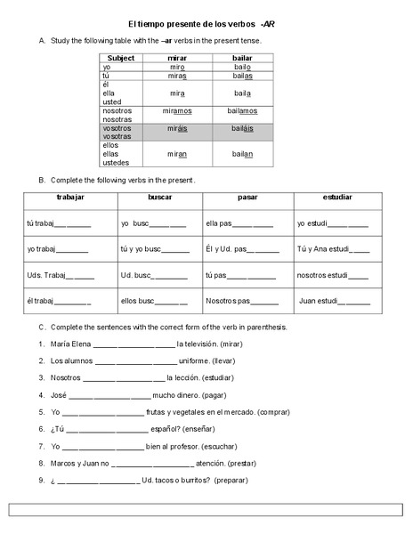 El tiempo presente de los verbos -ar Organizer