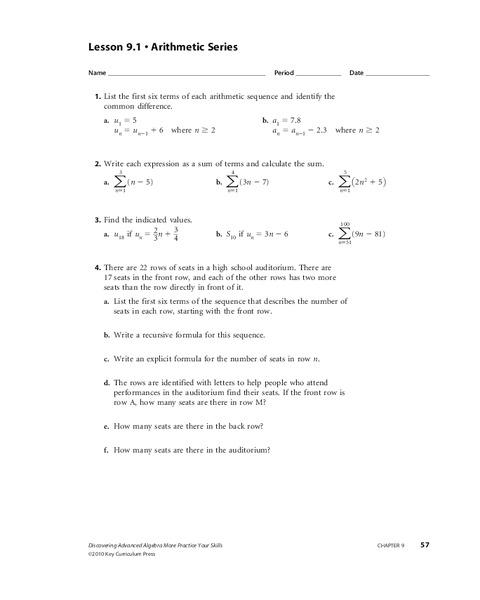 Arithmetic Series, Geometric Series, Partial Sums of Geometric Series Worksheet
