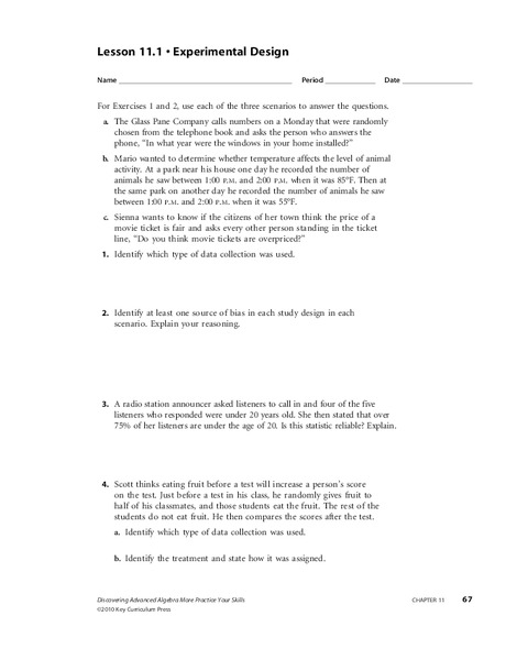 Discovering Advanced Algebra More Practice Your Skills, Lessons 11.1-11.6 Worksheet