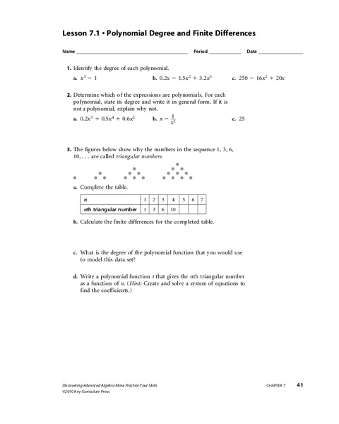 Polynomials Degree and Finite Differences Worksheet