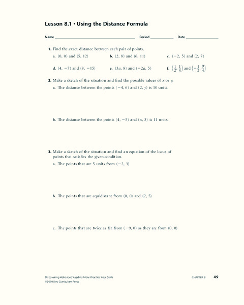 Using the Distance Formula Worksheet