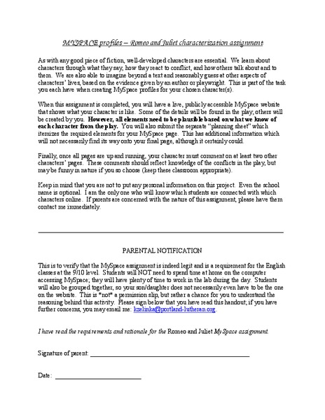 MYSPACE Profiles - Romeo and Juliet Characterization Interactive