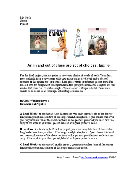 An In and Out of Class Project of Choices: Emma Worksheet