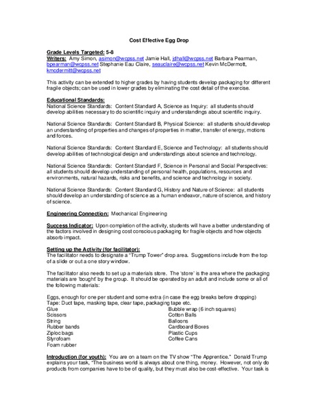 Cost Effective Egg Drop Lesson Plan