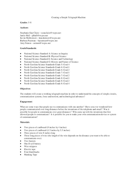 Creating a Simple Telegraph Machine Lesson Plan