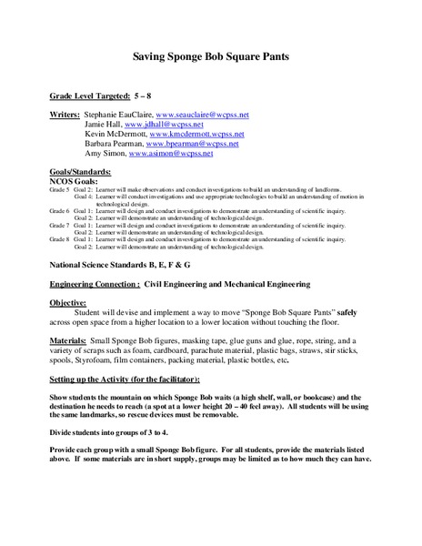 Saving Sponge Bob Square Pants Lesson Plan