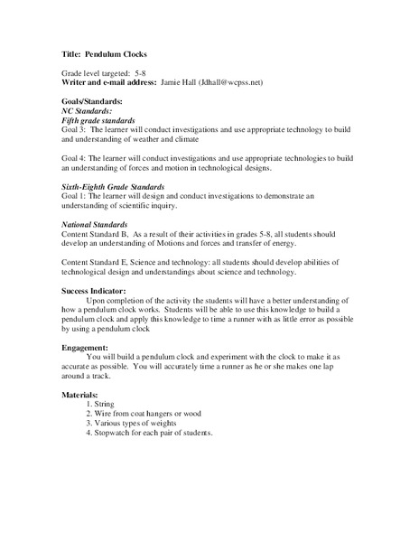 Pendulum Clocks Lesson Plan