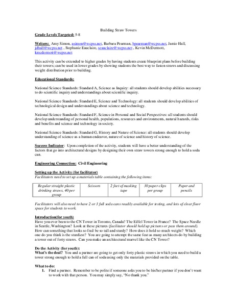 Building Straw Towers Lesson Plan