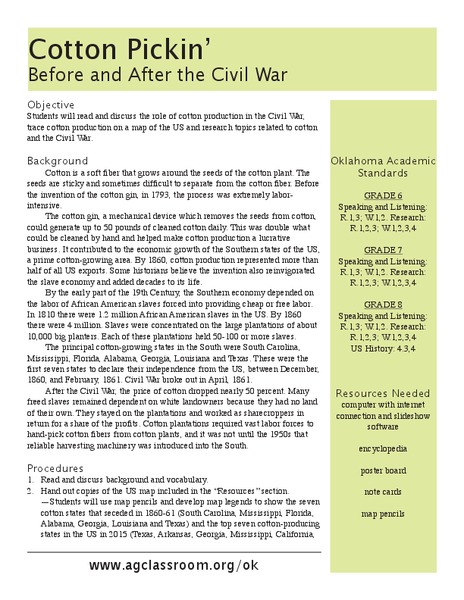 Cotton Pickin' Before and After the Civil War Lesson Plan
