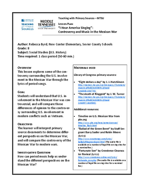 "I Hear America Singing": Controversy and Music in the Mexican War Lesson Plan