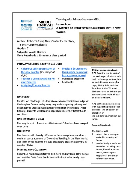 A MATTER OF PERSPECTIVE:  COLUMBUS IN THE NEW WORLD  Lesson Plan