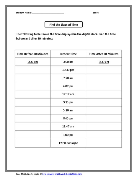 Elapsed time Worksheet