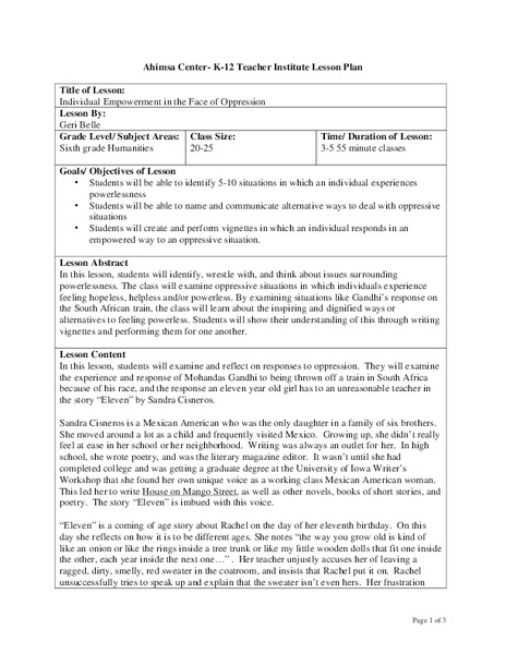 Individual Empowerment in the Face of Oppression   Lesson Plan