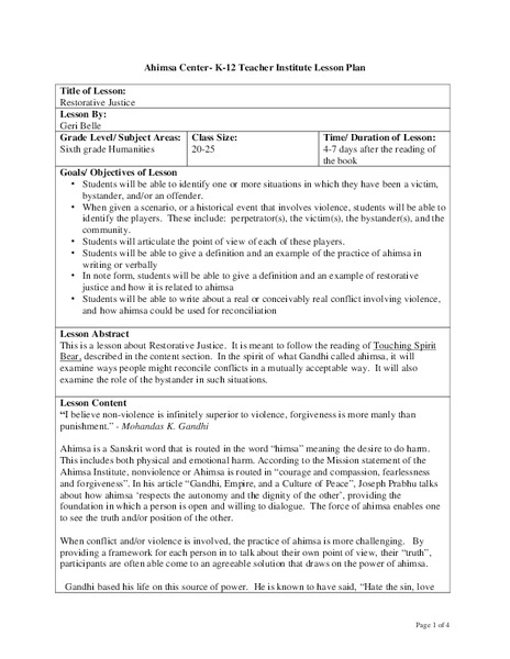 Restorative Justice Lesson Plan