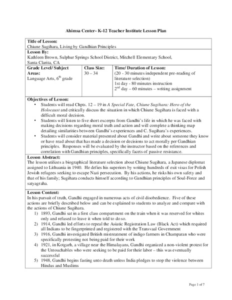 Chiune Sugihara, Living by Gandhian Principles Lesson Plan