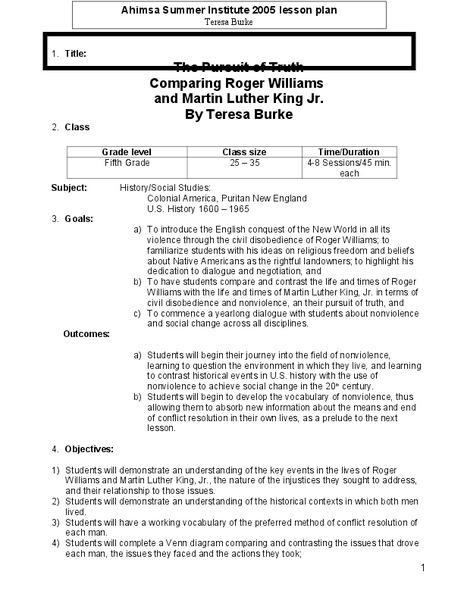 The Pursuit of Truth: Comparing Roger Williams and Martin Luther King Jr. Lesson Plan