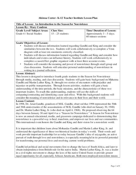 An Introduction to the Season for Nonviolence Lesson Plan