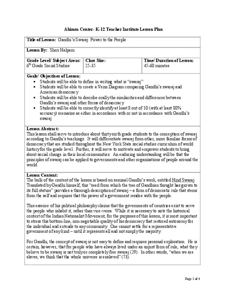 Gandhi's Swaraj: Power to the People Lesson Plan