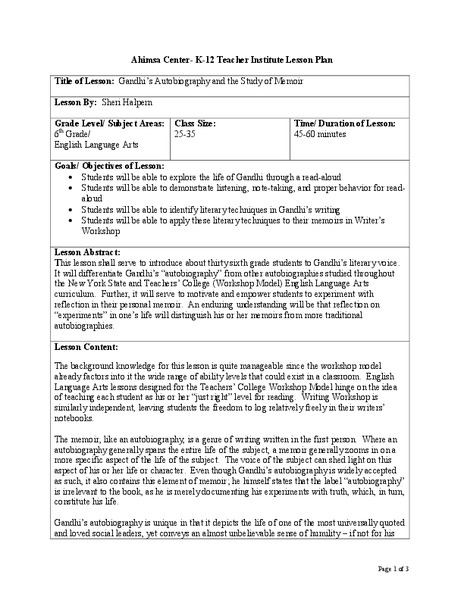 Gandhi's Autobiography and the Study of Memoir Lesson Plan