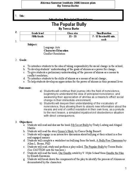 The Popular Bully Lesson Plan