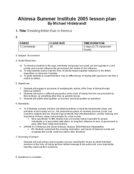 Resisting British Rule in America Lesson Plan