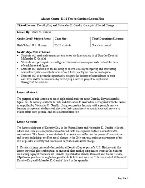 Dorothy Day and Mohandas K. Gandhi: Catalysts of Social Change Lesson Plan