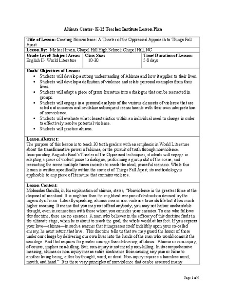 Creating Nonviolence: A Theatre of the Oppressed Approach to Things Fall Apart Lesson Plan
