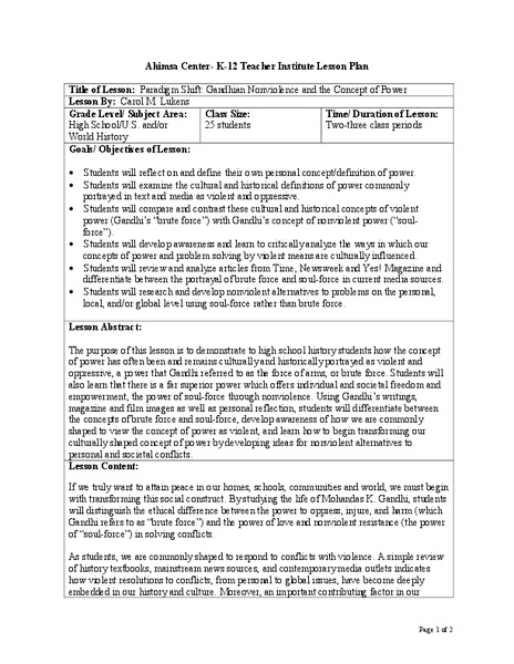 Paradigm Shift: Gandhian Nonviolence and the Concept of Power Lesson Plan
