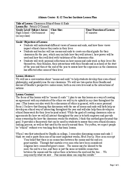 Classroom Ethics/Means & Ends Lesson Plan