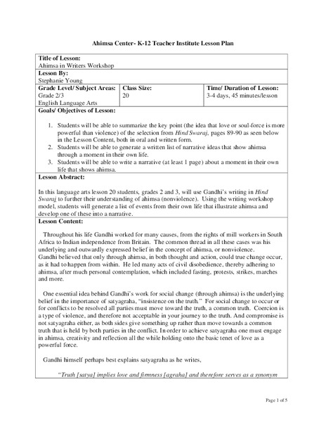 Ahimsa in Writers Workshop Lesson Plan