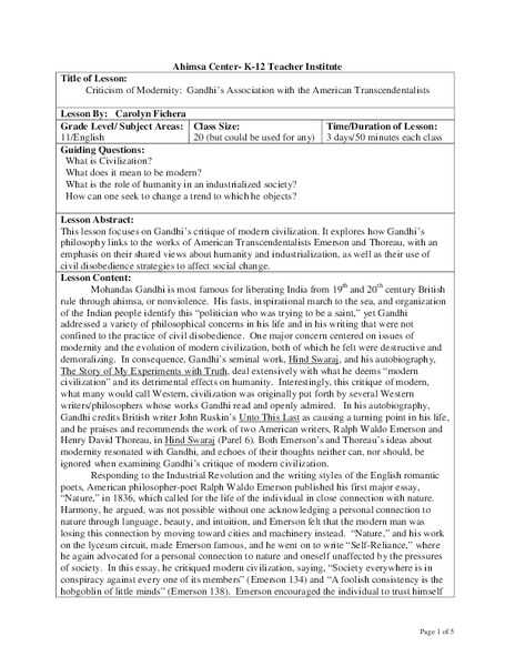 Criticism of Modernity: Gandhi's Association with the American Transcendentalists Lesson Plan