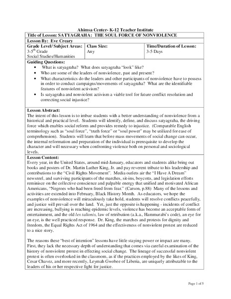 Satyagraha: The Soul Force of Nonvilence Lesson Plan
