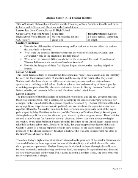 Philosophical Conflict and the Founding of New Societies: Gandhi and Nehru  in India, and Jefferson and Hamilton in the United States Lesson Plan